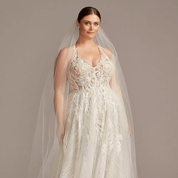 Galina Ivory/Sandstone Beaded Floral Halter Neck Wedding Dress Size 14 NWT - Picture 1 of 13